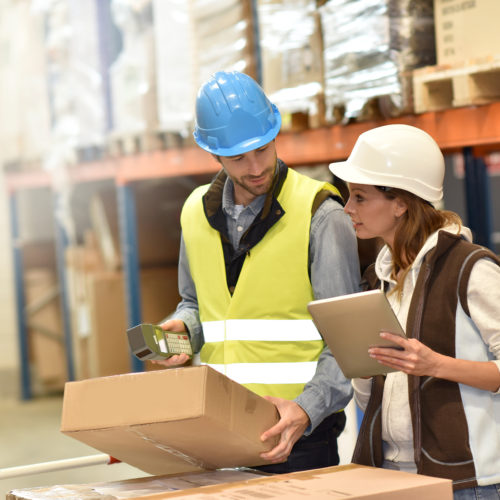 Store manager with warehouseman checking stock levels