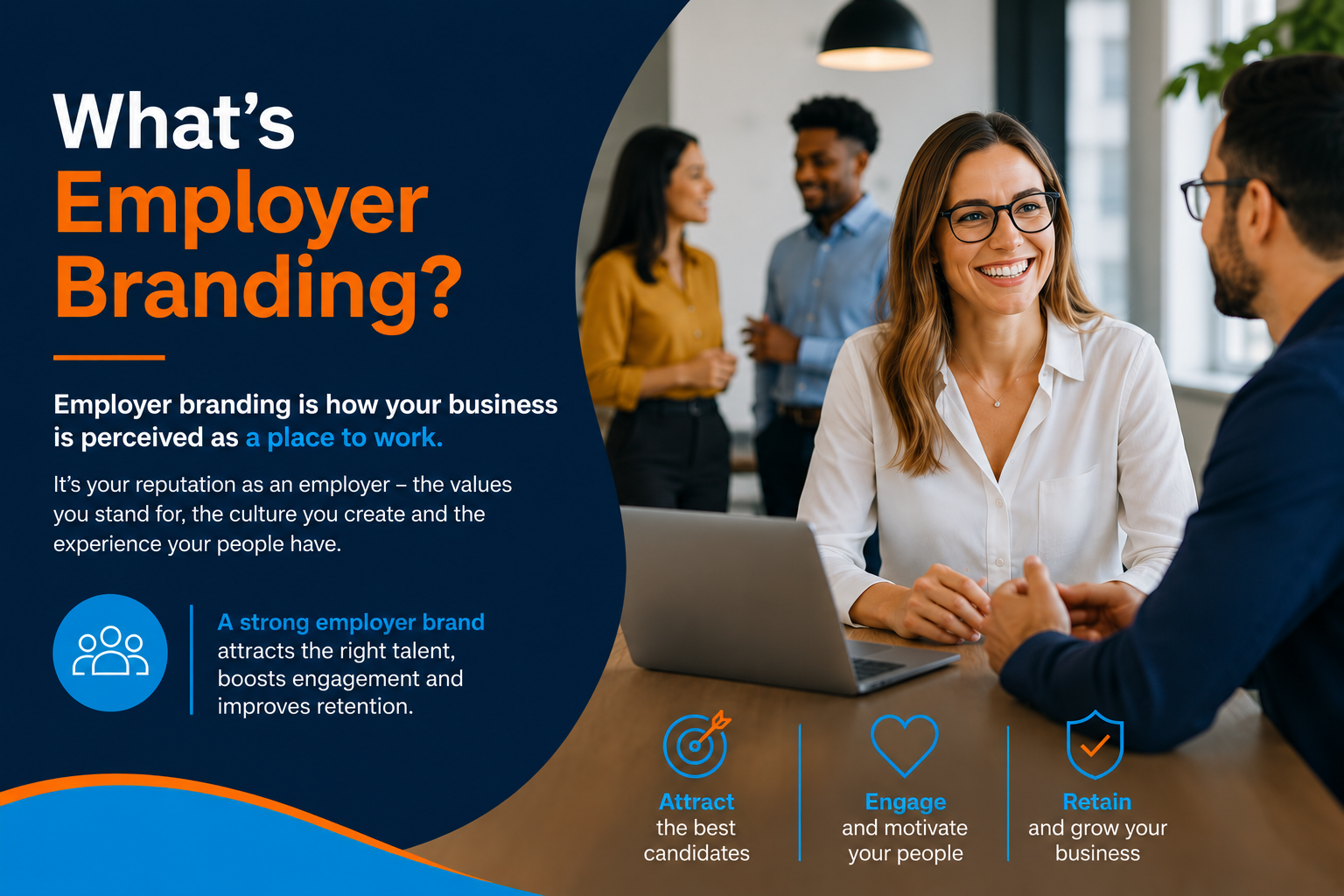 Banner promoting employer branding: left side with white and orange text on dark blue, people in a modern office on the right; conveys company branding message.