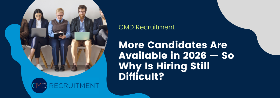 CMD Recruitment banner showing professionals seated with laptops, promoting 'More Candidates Are Available in 2026 — So Why Is Hiring Still Difficult?'. Logo visible on blue design edge.)