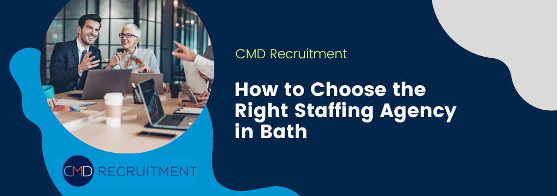 Group of professionals in a meeting around laptops on a CMD Recruitment banner about choosing a staffing agency in Bath